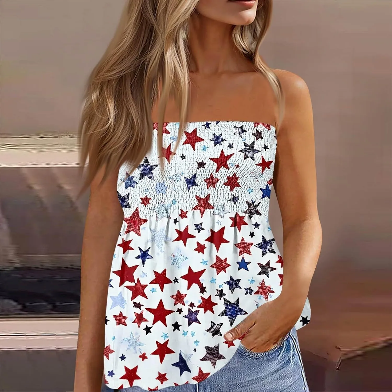 Women's Plus Size Tube Tops Summer Strapless Blouse Pleated Sleeveless Stretchy Sleeveless Flare Hem Tube