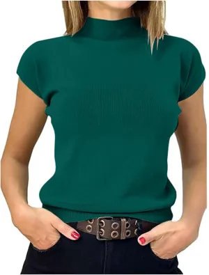 Womens Short Sleeve Top Turtleneck Mock Neck Blouse Summer Casual Basic Knit Slim Fitted Pullover Tops Shirt