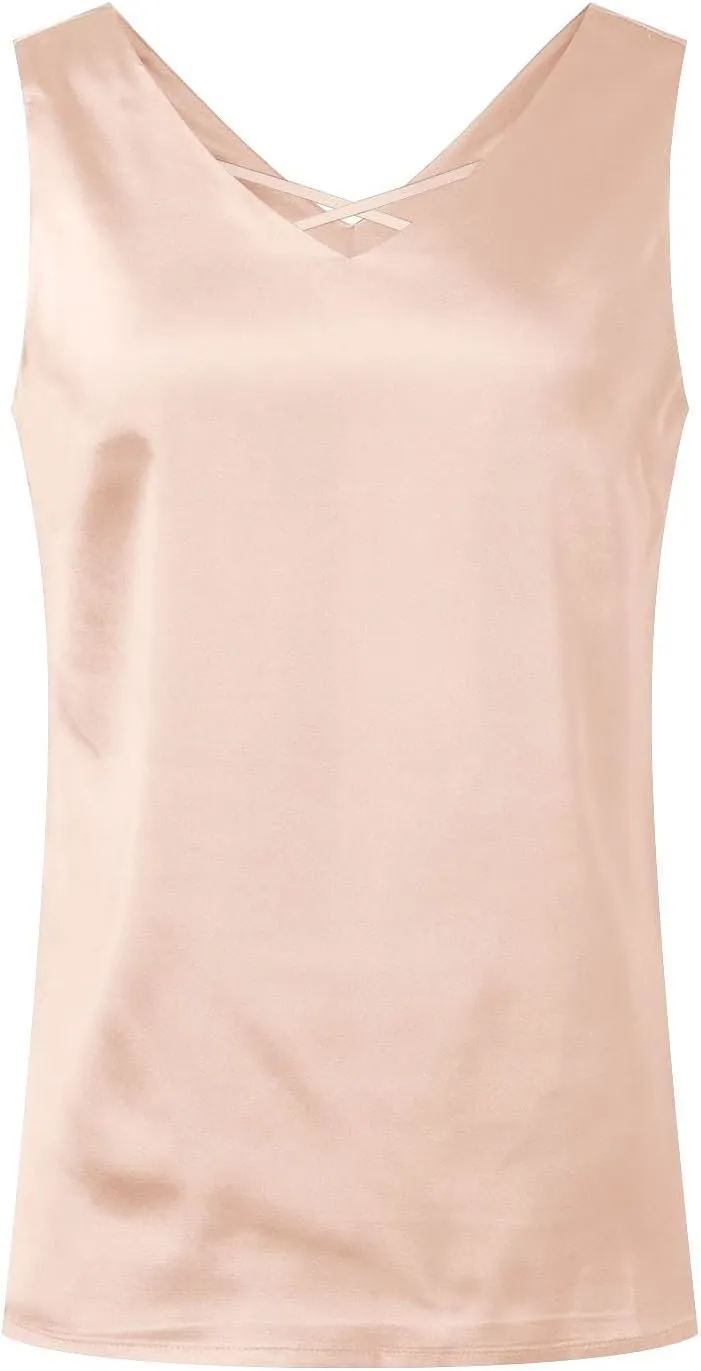 Womens Silk Satin Tank Tops V Neck Criss Cross Solid Sexy Cami Sleeveless Camisole Blouses Summer Basic Work Shirt
