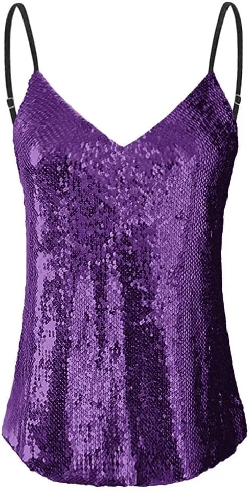 Womens Tank Tops Strappy Sequin Camisole Sleeveless V Neck Tanks Shirts Shiny Cami Club Date Night Going Out Tops