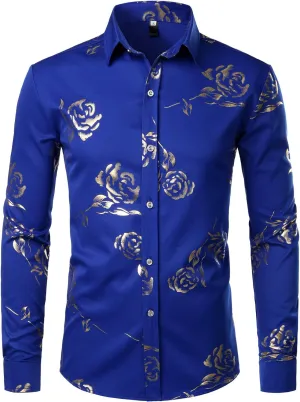 ZEROYAA Mens Hipster Gold Rose Printed Slim Fit Long Sleeve Dress Shirts/Prom Performing Shirts